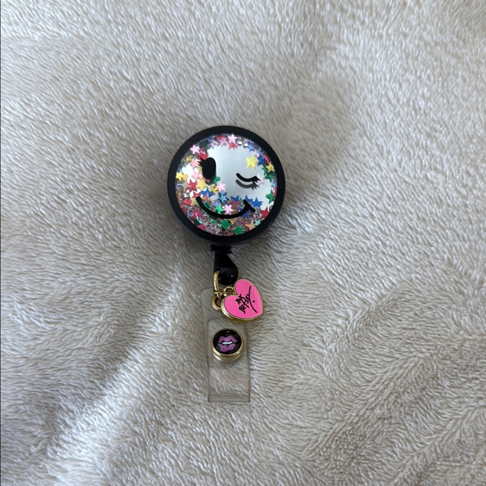 Betsy Johnson Smiley Face Badge Reel with Star Confetti